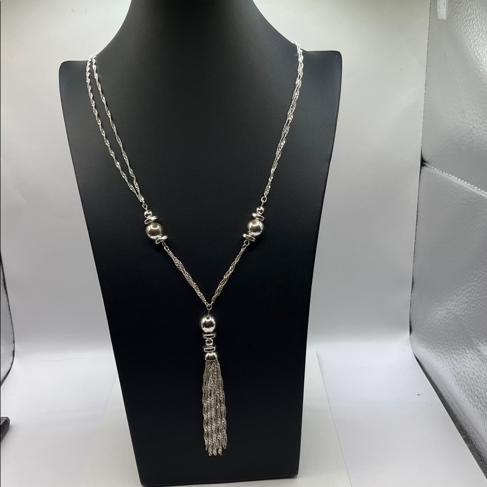Multi-Chain Tassel Necklace 36” Silver Tone